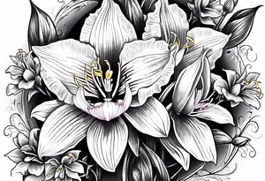 One Cymbidium orchid in the middle with a rose on each side tattoo idea