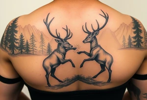 Photo realistic Vertical aligned nature scene with two deer fighting. Heavy detail in the back ground. This is going on a fire arm

This ai sucks tattoo idea