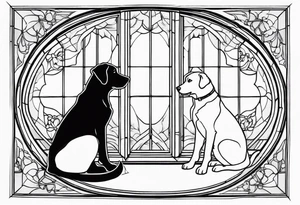 dog and cat sitting on floor and looking out octagonal window together tattoo idea