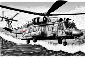 Canadian military grey CH-148 Cyclone helicopter soaring low over rough, ocean waves. A poppy flower be prominently displayed tattoo idea