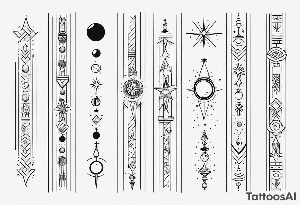 Long narrow line spine tattoo. Includes moon, stars and ancient symbols. Minimal design. Less cartoon tattoo idea