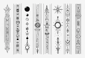 Long narrow line spine tattoo. Includes moon, stars and ancient symbols. Minimal design. Less cartoon tattoo idea