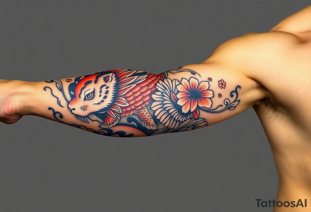 Full arm sleeve, koi fish, tiger, the sun, cherry blossom filler, beautiful tattoo idea