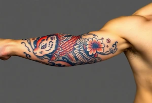 Full arm sleeve, koi fish, tiger, the sun, cherry blossom filler, beautiful tattoo idea