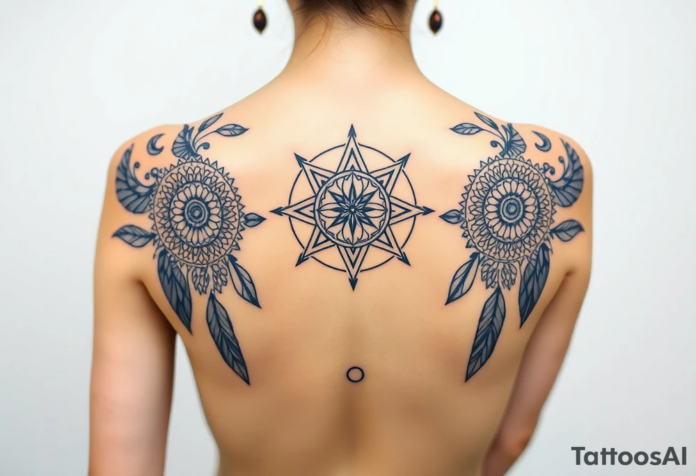 shaman symbols and mandalas and feathers wicca witch spiritual and sami culture big whole back tattoo idea