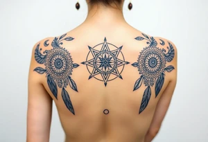 shaman symbols and mandalas and feathers wicca witch spiritual and sami culture big whole back tattoo idea