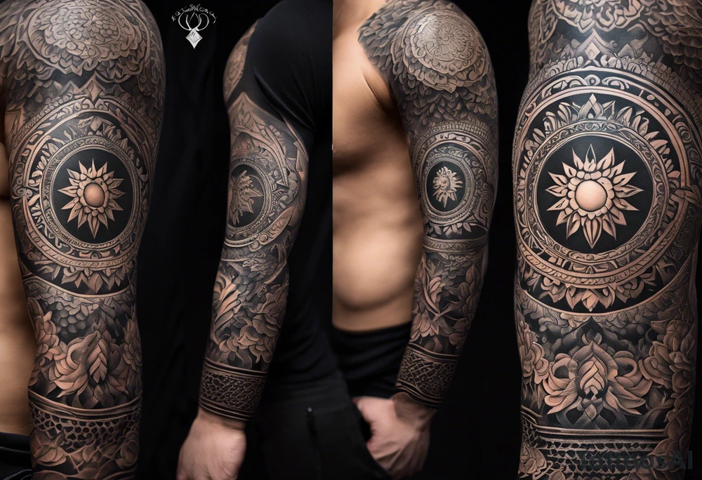A full tattoo sleeve inspired by Greek mythology, designed with a dark and powerful aesthetic. The centerpiece is the Greek goddess Aphrodite, depicted with a strong yet ethereal presence, embodying both beauty and power. Surrounding her, intricate mandala patterns are woven into the design, adding a sense of balance and symmetry while maintaining a masculine edge. The shading throughout the sleeve is heavy and dramatic, creating deep contrasts and a sense of depth. Additional elements like laurel wreaths, classical columns, or stormy ocean waves intertwine with Aphrodite, symbolizing strength, endurance, and the untamed forces of nature. The overall design should be bold and intense, capturing the mythological grandeur in a way that resonates with a strong, masculine energy. tattoo idea