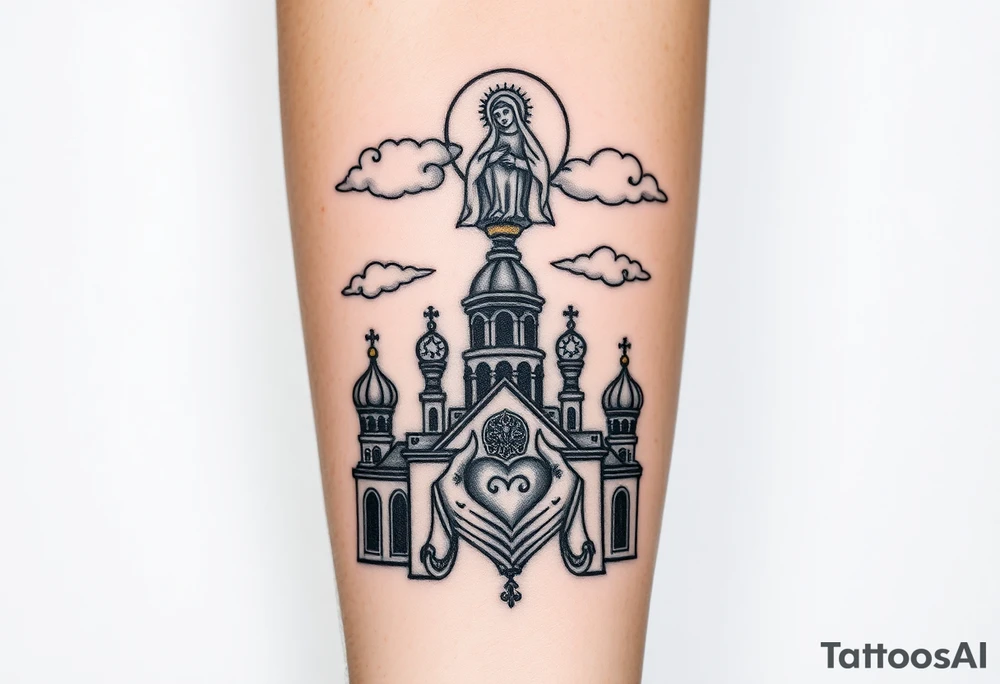 Russian Orthodox church with orthodox spire crosses, with clouds above it and a virgin mary seperately looking over hands on heart sat above tattoo idea