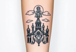Russian Orthodox church with orthodox spire crosses, with clouds above it and a virgin mary seperately looking over hands on heart sat above tattoo idea