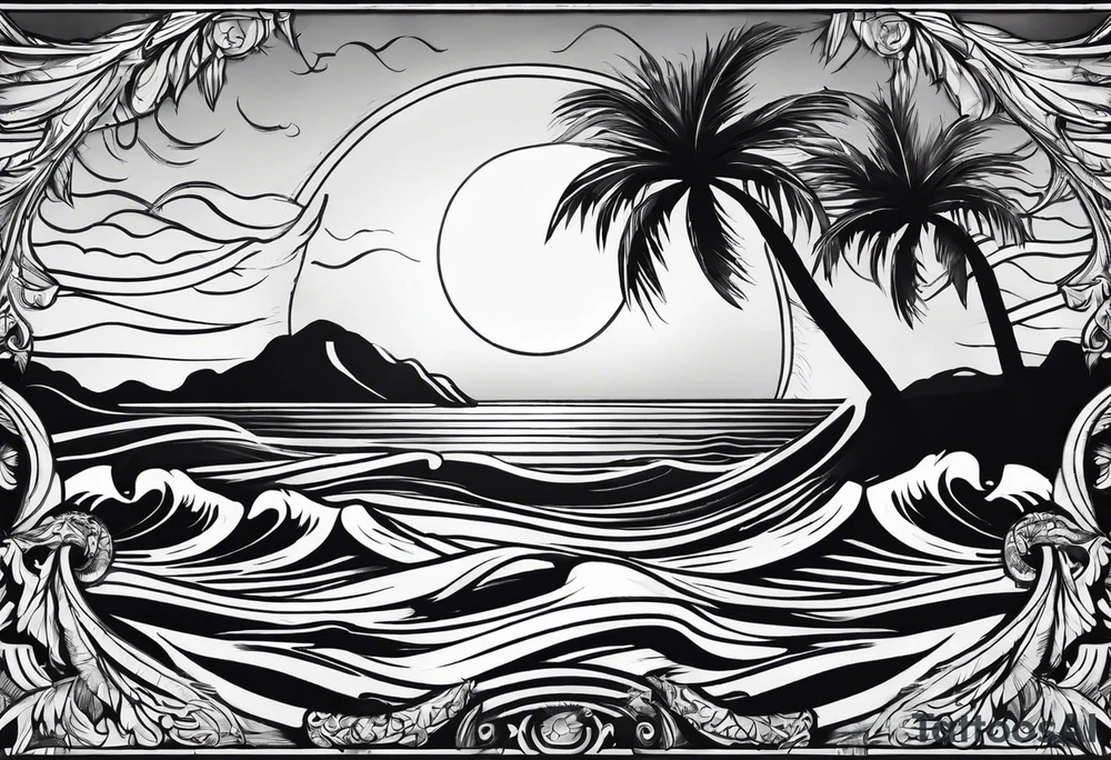 palm tree front of a sunset and waves tattoo idea