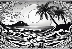 palm tree front of a sunset and waves tattoo idea