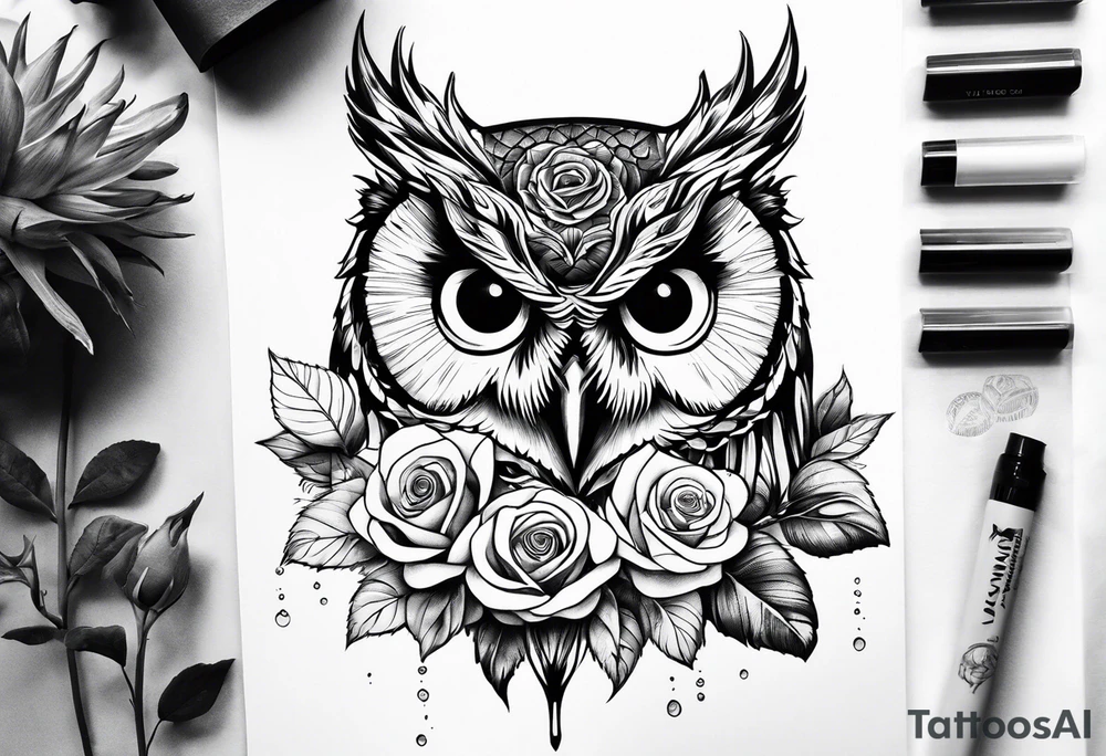 Sunflower and rose flower, owl tattoo idea