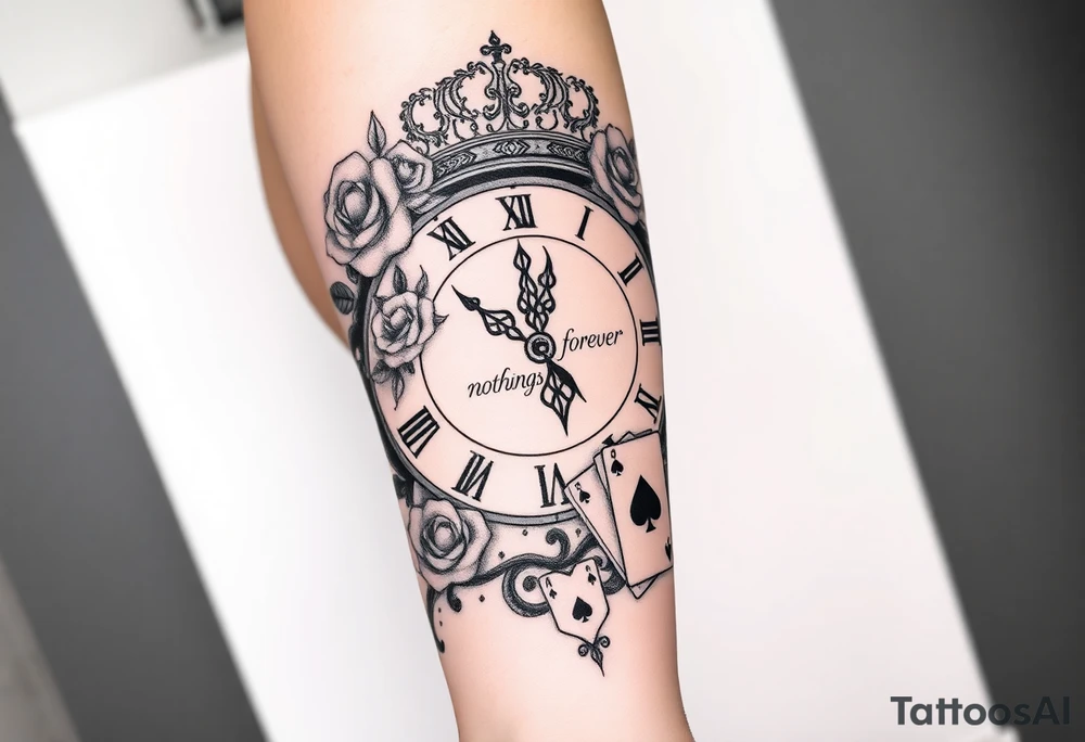 Roman clock with roses and a crown,  a quote that says nothings forever. and on the bottom a deck of cards tattoo idea