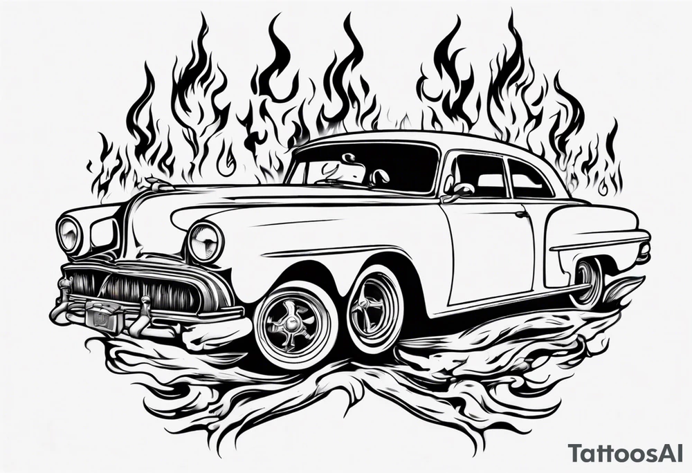An old vintage classic car with flames coming out of the hood and a skeleton head at the top of the flames tattoo idea