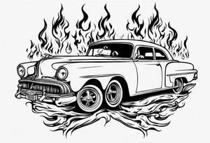 An old vintage classic car with flames coming out of the hood and a skeleton head at the top of the flames tattoo idea