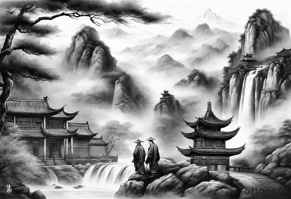 forearm sleeve traditional chinese art painting style Chinese temple two old men wearing robes and drinking tea mountains mist fog waterfall tattoo idea