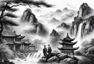 forearm sleeve traditional chinese art painting style Chinese temple two old men wearing robes and drinking tea mountains mist fog waterfall tattoo idea