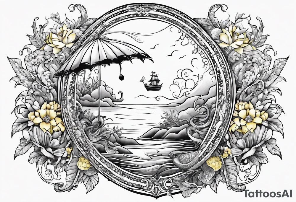 A beautiful sea siren with tentacles that incorporates a teacup, an umbrella, a yellow bird, and a gingerbread boy tattoo idea