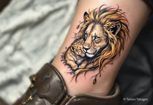 A mother lioness in golden ink nuzzling her cub with protective eyes symbolizes fierce maternal strength. tattoo idea