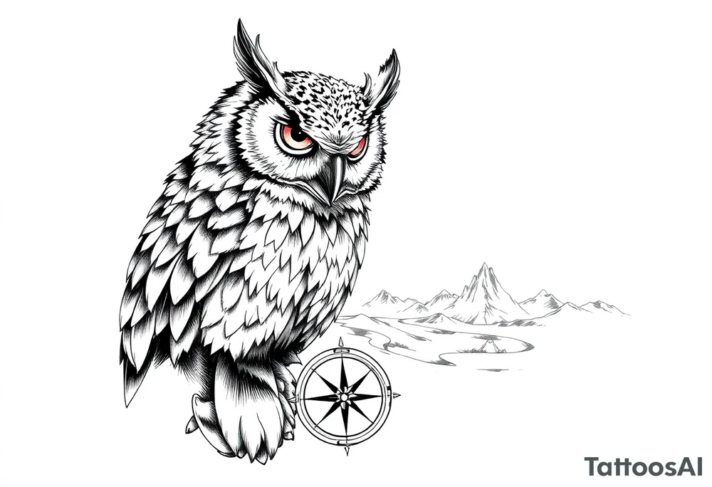 an owl,a compass,landscape. tattoo idea