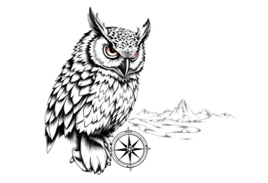 an owl,a compass,landscape. tattoo idea