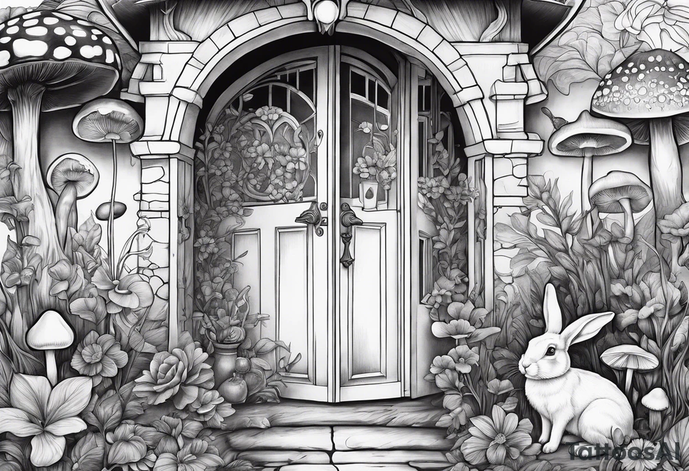 Mystical garden with door and potions and a rabbit and flowers and mushrooms tattoo idea