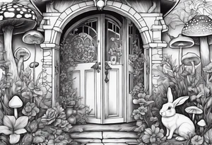 Mystical garden with door and potions and a rabbit and flowers and mushrooms tattoo idea