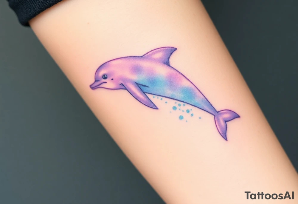 A soft watercolor dolphin in pastel shades of purple and sky-blue, evoking a dreamy, ethereal effect tattoo idea