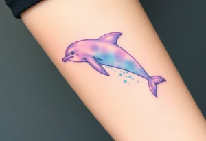 A soft watercolor dolphin in pastel shades of purple and sky-blue, evoking a dreamy, ethereal effect tattoo idea