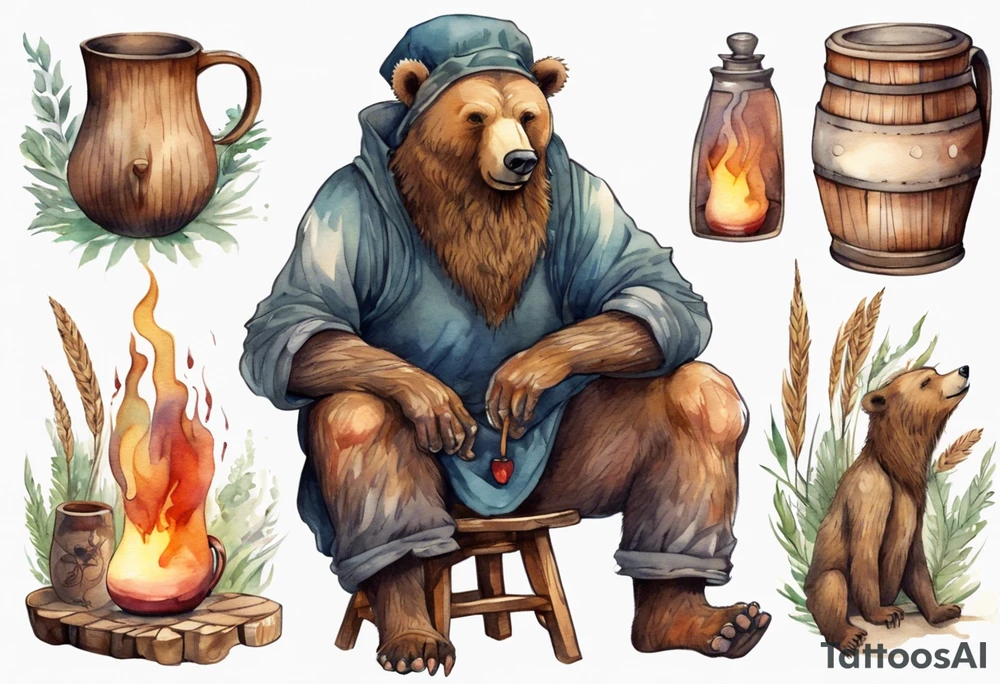 a solitary bear-human hybrid with a long beard wearing a tunic and Phrygian cap, sitting on a stool by the hearth, drinking from a wooden mug, smiling, drunk, reed cheeks tattoo idea