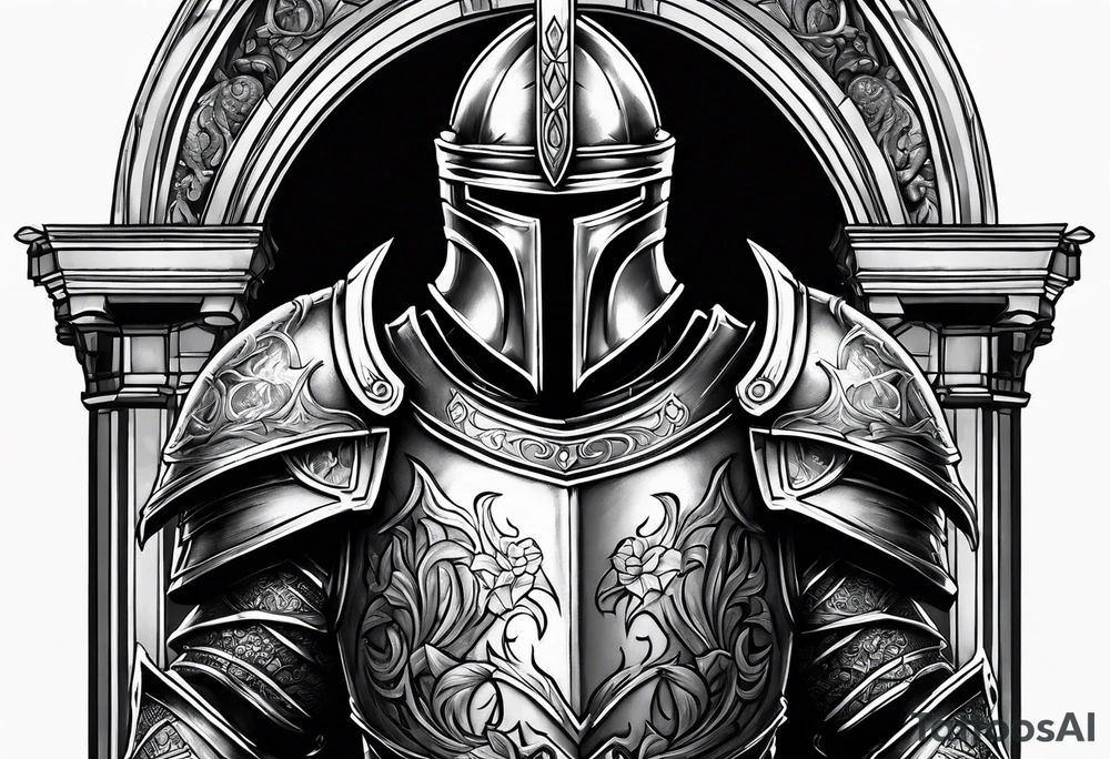 knight heavy armor in front of cathedral tattoo idea