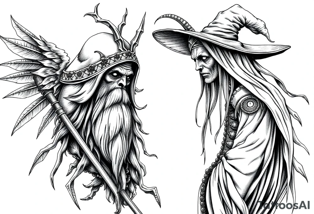 long shaman and witch abstracstyle mytical with ancient rhyme tattoo idea