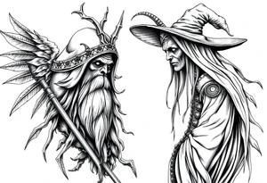 long shaman and witch abstracstyle mytical with ancient rhyme tattoo idea