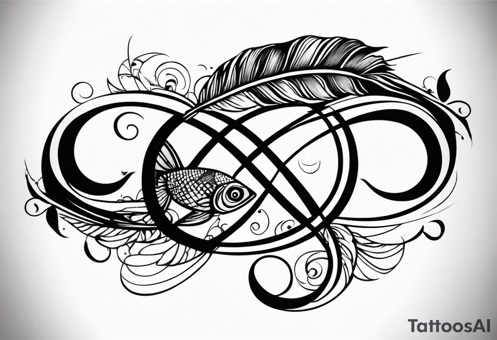 Infinity sign with feather and fish in it tattoo idea