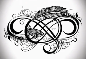 Infinity sign with feather and fish in it tattoo idea