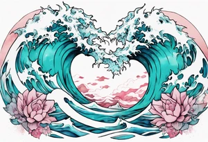 a beautiful turquoise pink and white sea  Aido-Hwedo rising from the waves of the ocean tattoo idea
