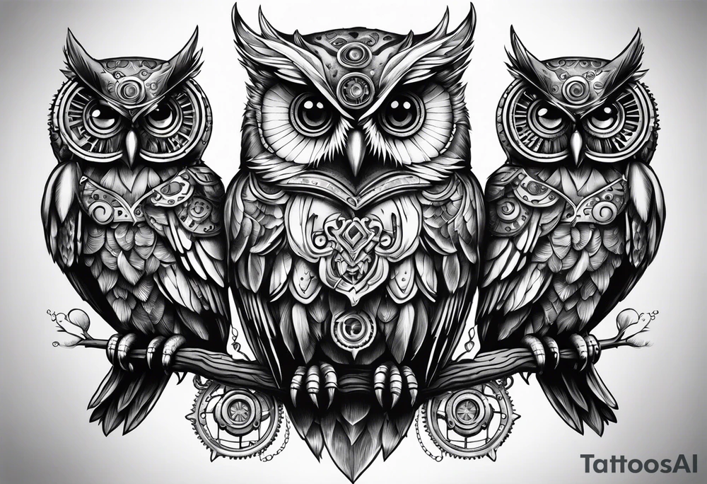 three headed owl in steampunk tattoo idea