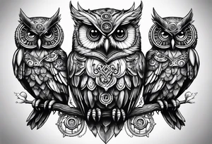 three headed owl in steampunk tattoo idea