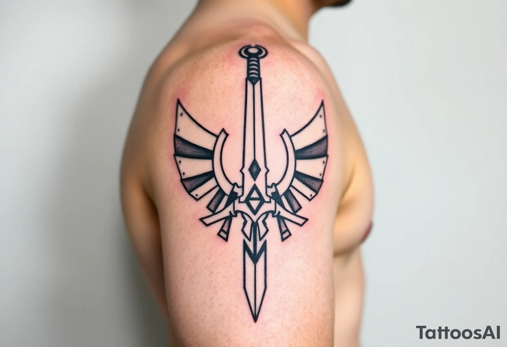 1. Theme: The Legend of Zelda: specifically Link and Zelda
2. Placement: Left Upper Arm
3. Style: Breath of the Wild (in color)
4. Elements to include: Master Sword in center facing up (handle at the bottom), with triforce symbol at the bottom of the blade), Link‘s face on one side, looking away from the sword, Zelda on the other side of the sword, looking in the other direction
5. size: full upper arm covered tattoo idea
