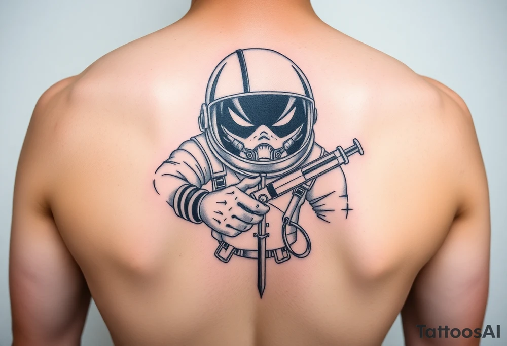 A spaceman junkie with a syringe tattoo idea