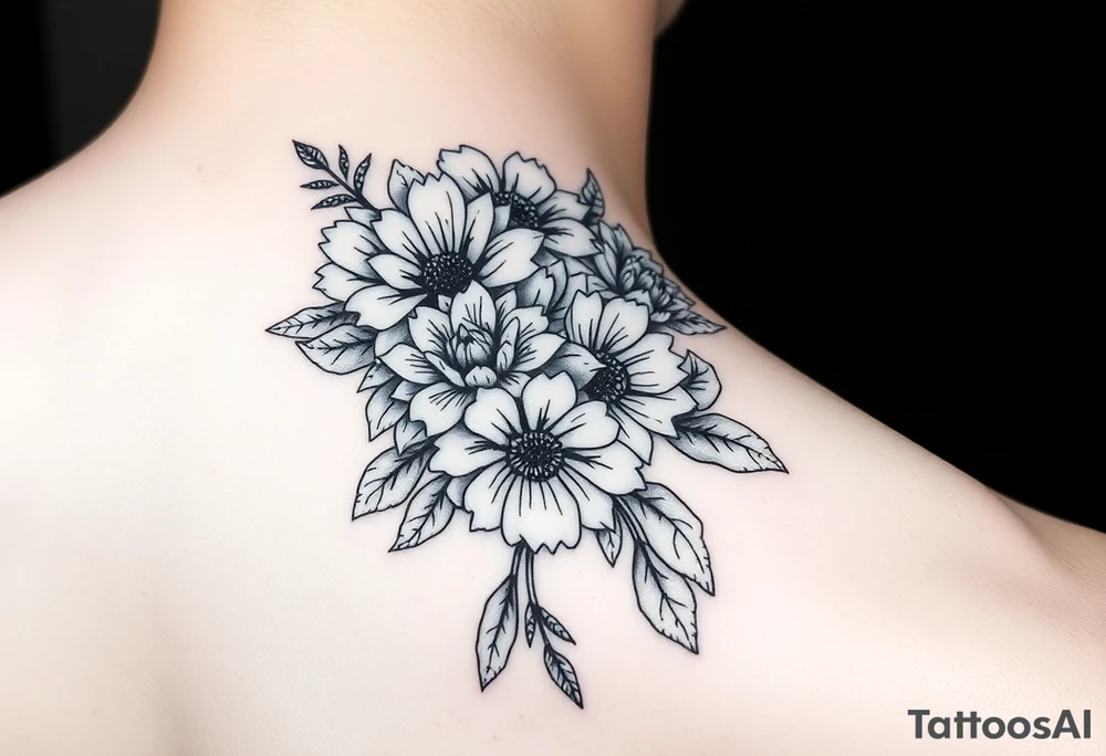 Bouquet of chrysanthemums and peonies tattoo idea