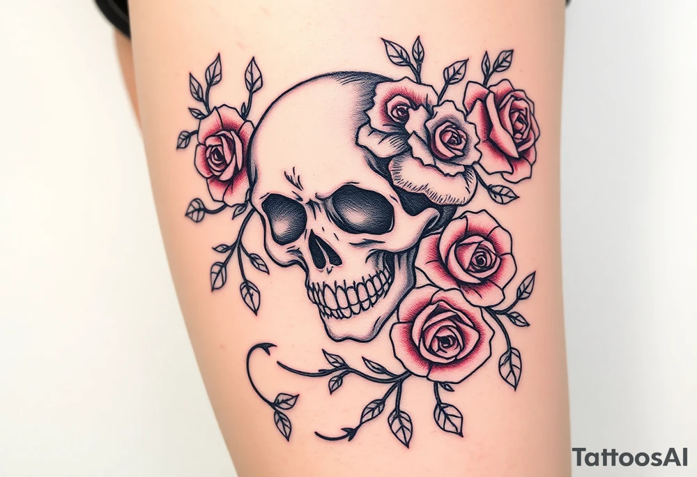 gothic skull intertwined with climbing roses and thorny vines tattoo idea