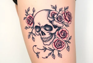 gothic skull intertwined with climbing roses and thorny vines tattoo idea