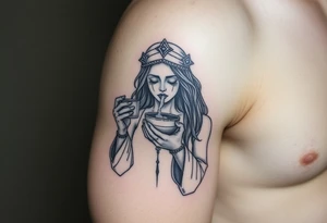 Shamanic woman facing straight, holding a cup and blowing healing dust out of the cup tattoo idea