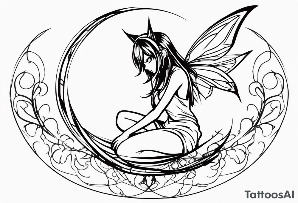 No color sketch of a fairy with a tail inspired by the guild symbol in the anime show called Fairy Tail in a fetal position leaning in and forward while crawled in tattoo idea