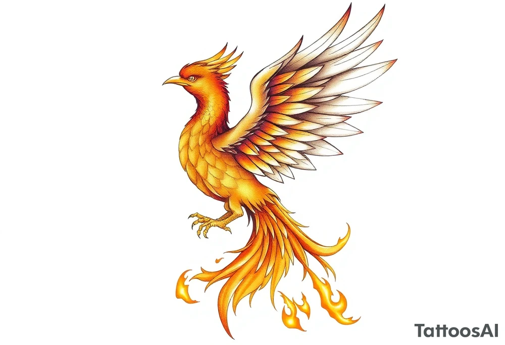 magnificent phoenix rising from golden flames with trailing embers tattoo idea
