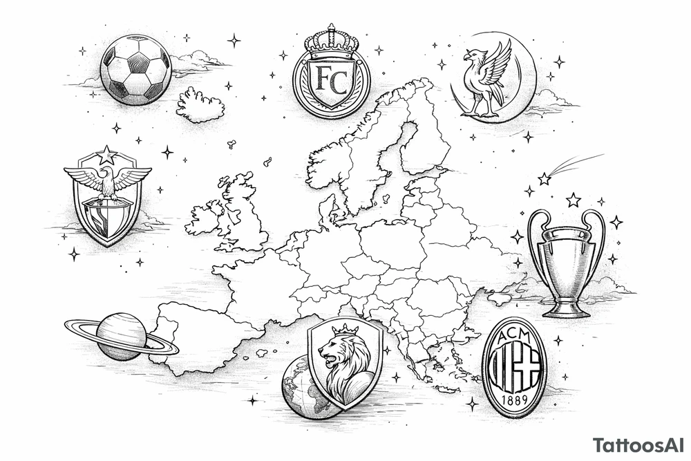 Minimalist outline map of Europe, single line club crests as celestial bodies, subtle shading. tattoo idea