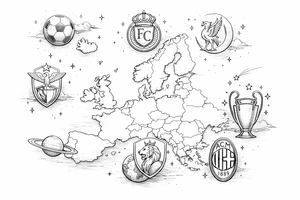 Minimalist outline map of Europe, single line club crests as celestial bodies, subtle shading. tattoo idea