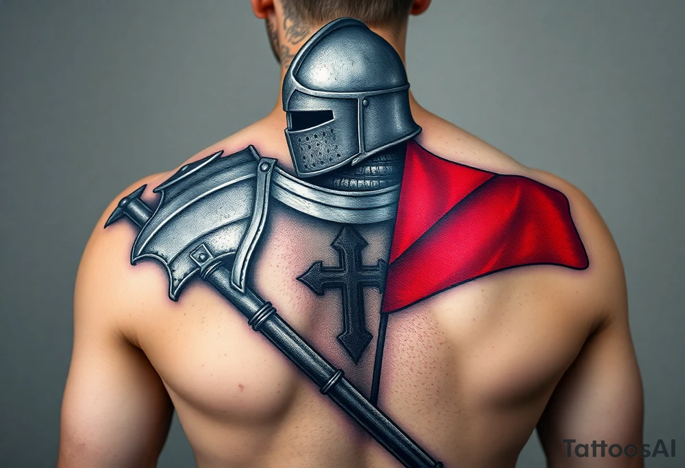 A knight in medieval armor holding a Czech flag, inspired by Hussite warriors, with battle-worn silver and red tones. tattoo idea