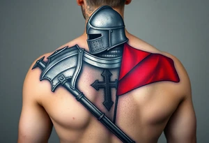 A knight in medieval armor holding a Czech flag, inspired by Hussite warriors, with battle-worn silver and red tones. tattoo idea